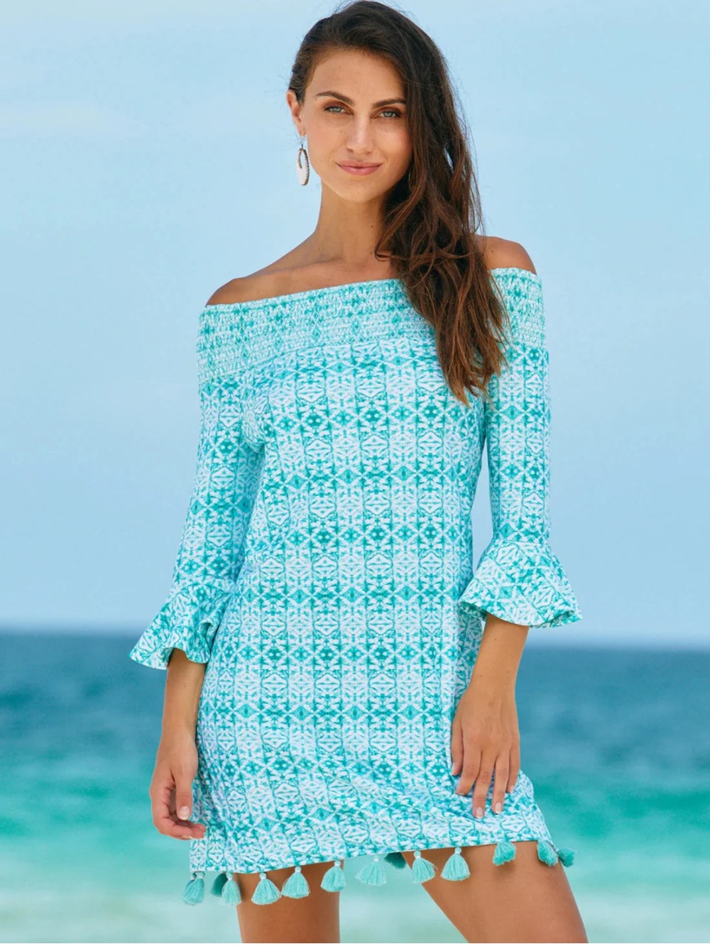Cabana Life Off-Shoulder Aqua Patterned Swim Cover-Up Dress Size XS Bell Sleeves